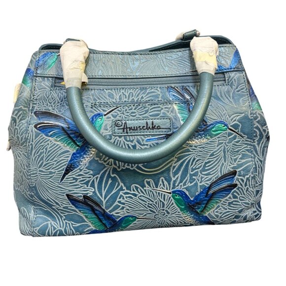 Anuschka Blue Hand-Painted Leather Shoulder Bag Bird Sky - Picture 1 of 10
